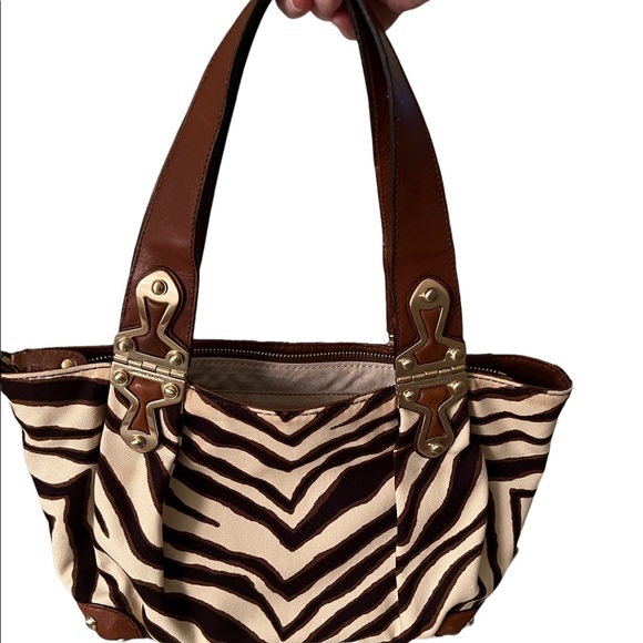 Vintage Michael Kors Zebra Print Bag Leather Canvas Brass/Gold Exterior Hardware - Picture 8 of 12